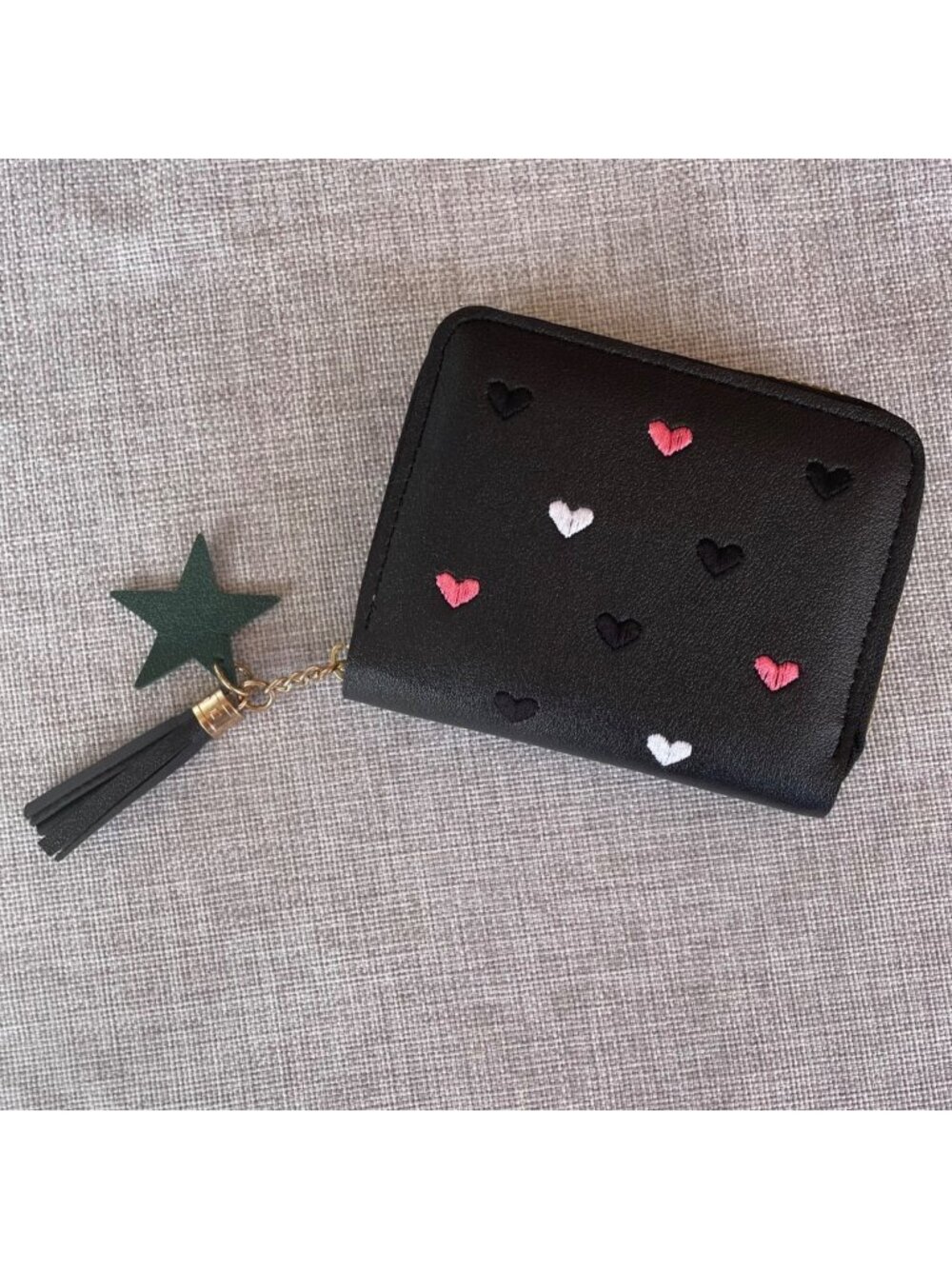 Black Faux Leather Wallet with Embroidered Hearts and Star Tassel Zipper Closure